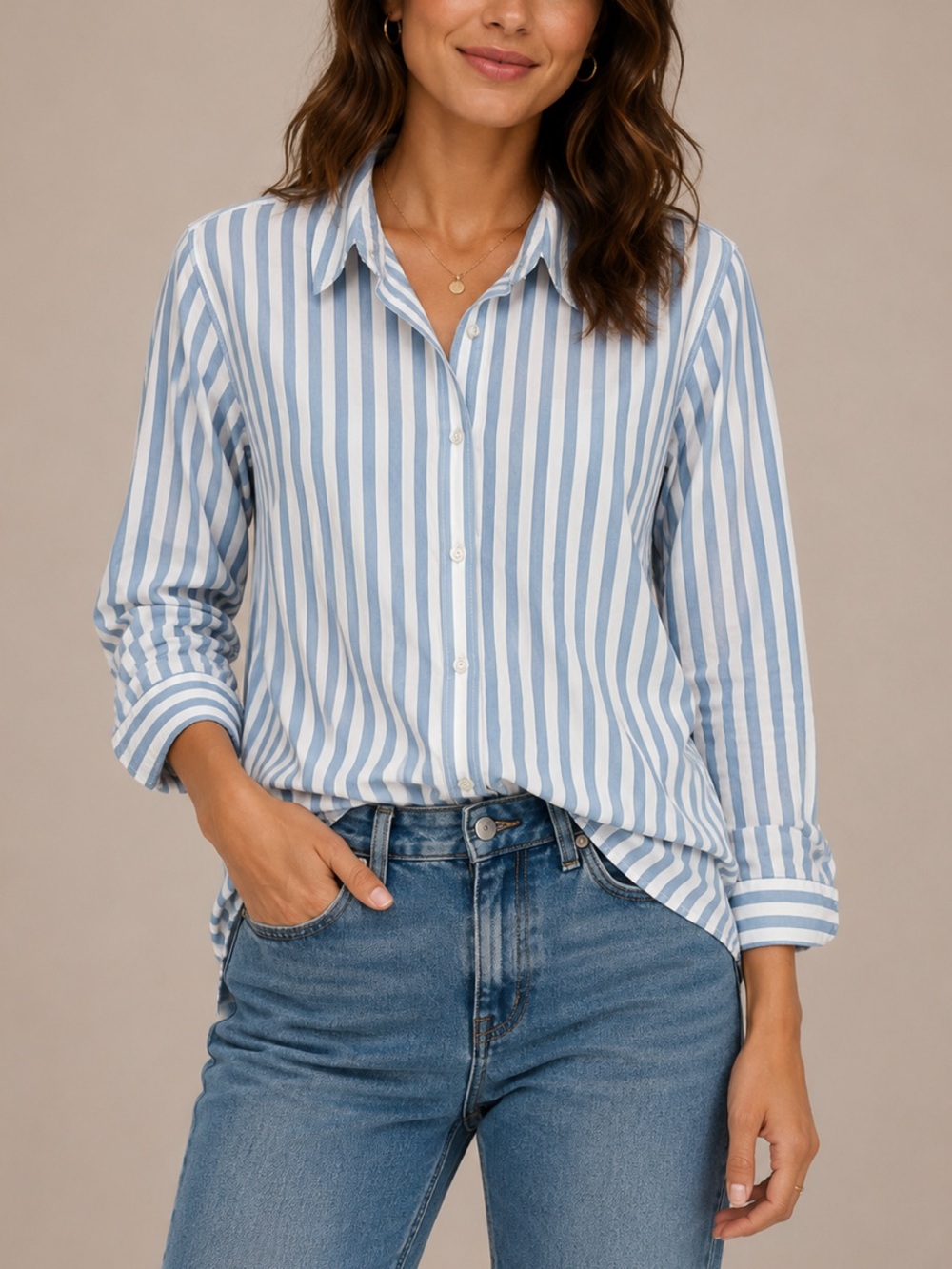 Garnet Hill Casual Button Down 100% Pima Cotton Size 14 Blue & White Stripes